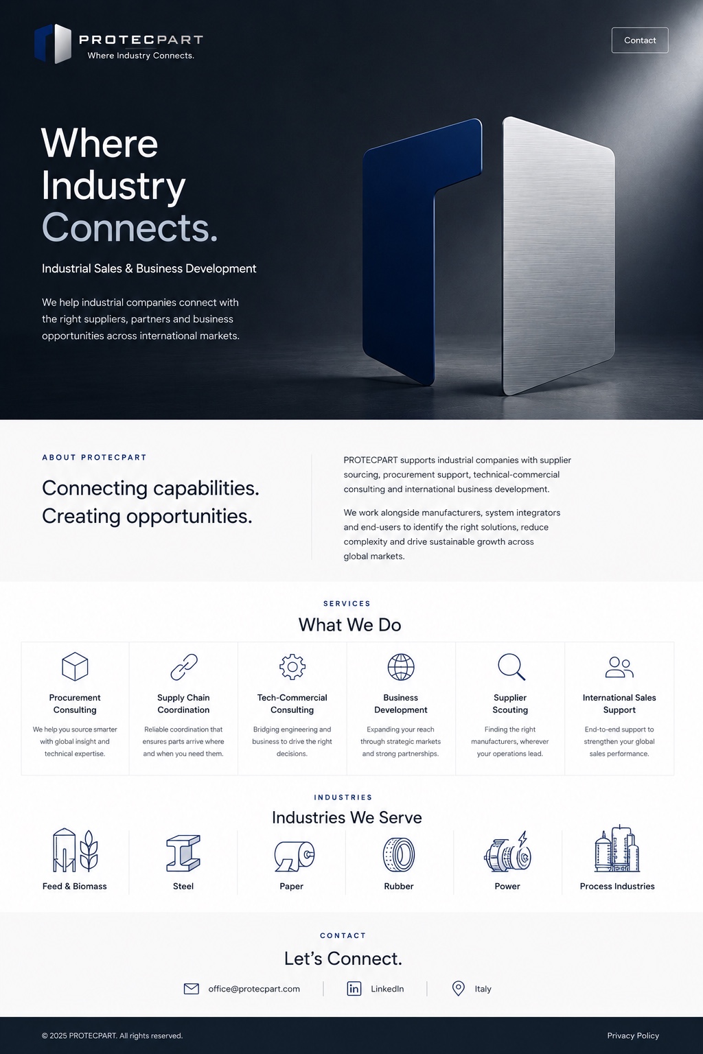 PROTECPART — Where Industry Connects. Industrial sales, business development, procurement consulting, supply chain coordination, technical-commercial consulting, supplier scouting and international sales support.